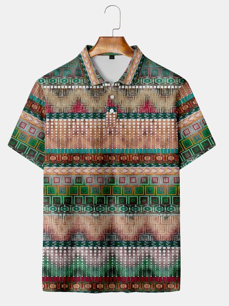 

Casual Festive Collection Gradient Retro Denim Geometric Striped Lapel Short Sleeve Polo Print Top, Green, Men's t-shirts