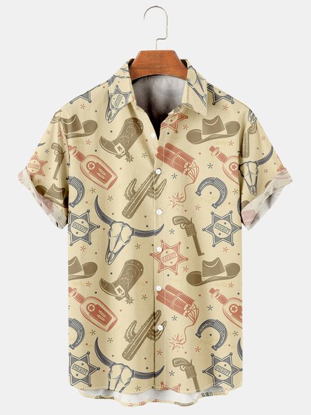 

Men's Vintage Western Denim Print Casual Breathable Short Sleeve Shirt, Beige, Men's Floral shirt