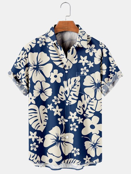 

Men's Retro Casual Breathable Short Sleeve Hawaiian Shirt, Deep blue, Men's Floral shirt
