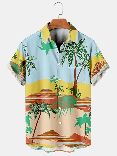 

Men's Coconut Printed Casual Short Sleeve Hawaiian Shirt with Chest Pocket, Yellow, Men's Floral shirt