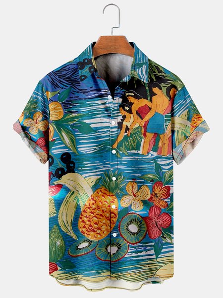 

Men's Retro Casual Breathable Short Sleeve Hawaiian Shirt with Chest Pocket, Blue, Men's Floral shirt