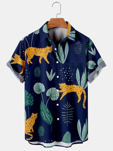 

Men's Botanical Animal Print Casual Short Sleeve Hawaiian Shirt with Chest Pocket, Deep blue, Men's Floral shirt