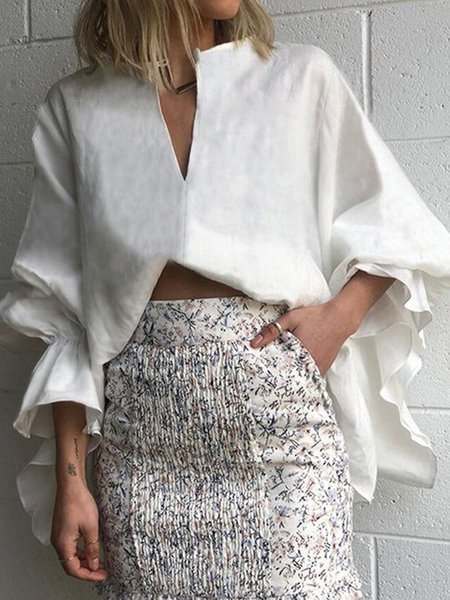 

Frill Sleeve Notched Casual Long Sleeve Top, White, Tops