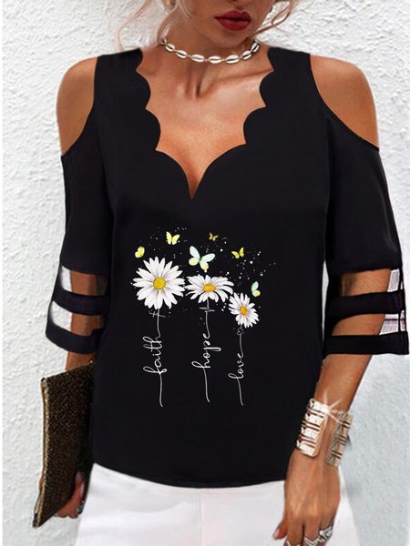 

Casual V Neck Floral Three Quarter Tops, Black, T-Shirts