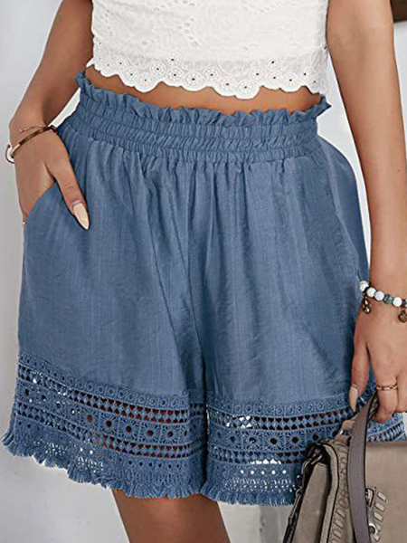 

Casual Loose Solid Color Lace Panel Elastic Waist Shorts, Blue, Bottoms