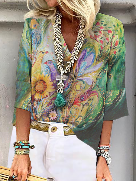

Plus size Printed Casual Three Quarter Sleeve Tops, Green, Tops