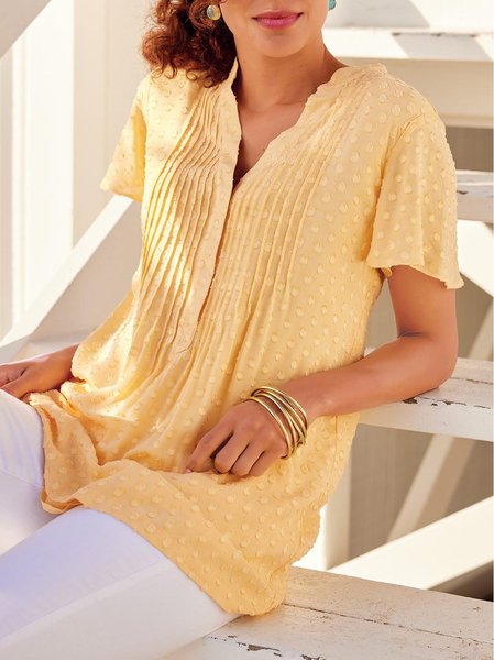 

V Neck Cotton Blends Short Sleeve Tops, Yellow, Shirts & Blouses