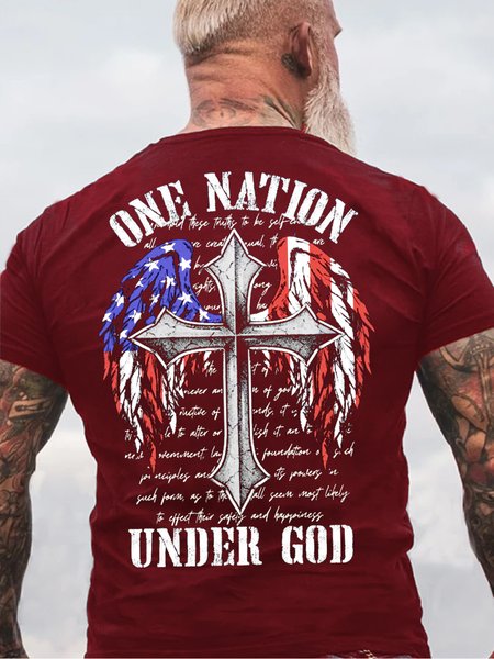 

One Nation Under God Christian Cross Flag Casual Short Sleeve T-Shirt, Red, T-shirts