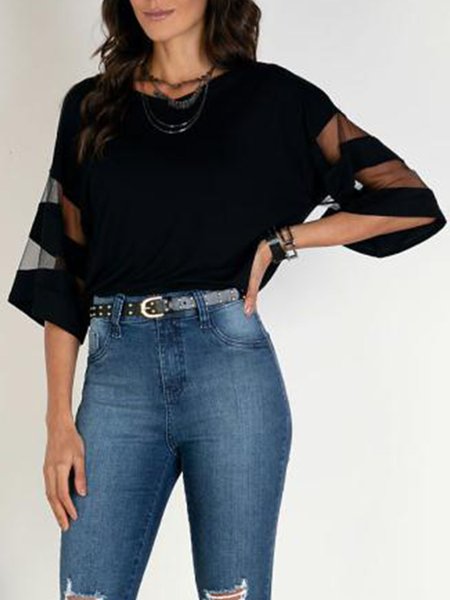 

Solid Loosen Crew Neck Short Sleeve Tops, Black, Tops