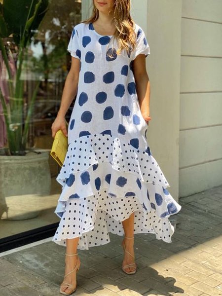 

Polka Dots Vacation Short Sleeve Woven Dress, White, Maxi Dresses