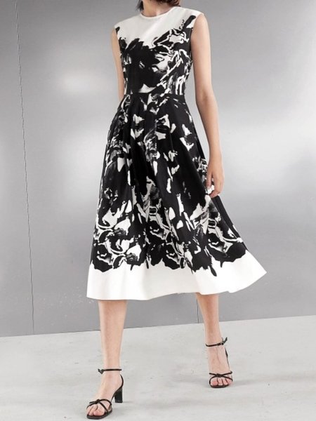 

Summer Lightweight Floral Regular Fit Elegant Short Sleeve Woven Dress, Black, Midi Dresses