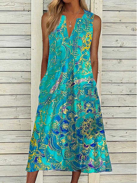 

V Neck Floral Loosen Sleeveless Women Dress, Green, Dresses