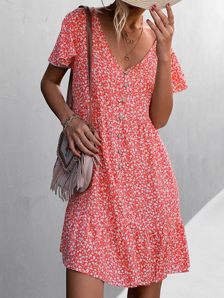 

Floral V-Neck Fluttering Sleeve Resort Seaside Dress Casual Floral Short Sleeve Woven Dress, Red, Mini Dresses