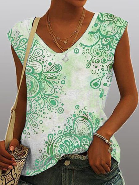 

Mandala tribal folk style printed loose vacation daily top T-shirt Plus Size, Green, Tanks & Camis