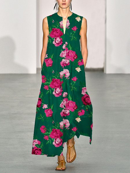 

Floral Vacation Loosen Sleeveless Midi Dress, Green, Maxi Dresses