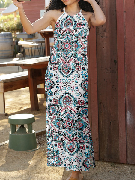 

Ethnic Pattern Print Vintage Vacation Seaside Dress Tribal Halter Short Sleeve Knit Dress, White, Maxi Dresses