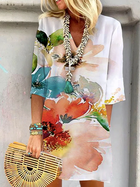 

Floral V Neck Short Sleeve Knit Dress, White, Dresses