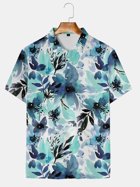 

Resort Style Hawaii Series Gradient Floral Leaf Element Lapel Short-Sleeved Polo Print Top, Blue, Men's t-shirts