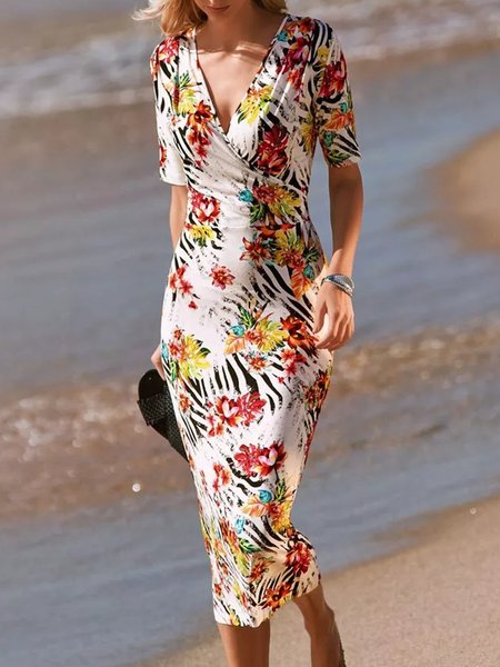 

Vacation V Neck Printed Short Sleeve Dress, Multicolor, Midi Dresses