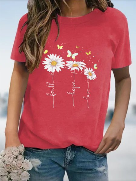 

Daisy Floral Short Sleeve Crew Neck Plus Size Casual T-shirts, Rose red, T-Shirts
