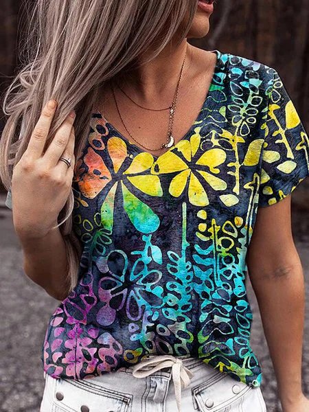 

V Neck Floral Ombre Vacation Short Sleeve T-Shirt, Multicolor, T-Shirts