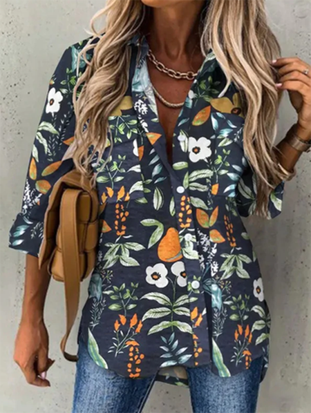 

Floral Shirt Collar Casual Long Sleeve Blouse, As picture, Blouses & Shirts