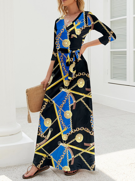 

Blue & Black Geometric Block Contrast Resort Beach Dress Geometric Vacation V Neck Long Sleeve Knit Dress, Floral Dresses