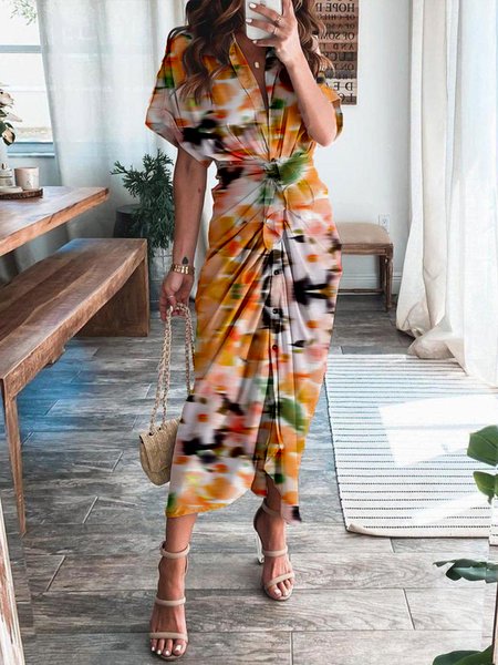 

Vacation Printed Shirt Collar Short Sleeve Dress, Orange, Midi Dresses