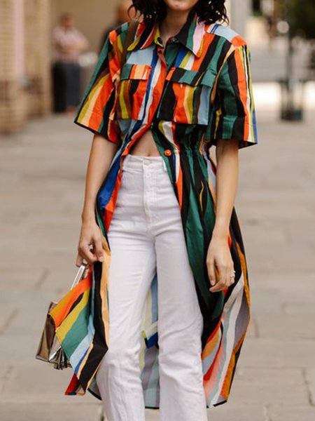 

Shirt Collar Regular Fit Striped Short Sleeve Blouse, Black, Blouses and Shirts