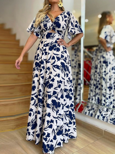 

Vacation Regular Fit V Neck Short Sleeve Woven Dress, Blue, Maxi Dresses