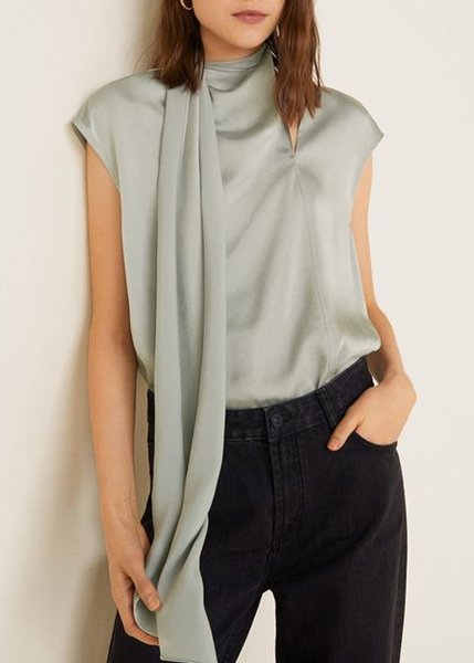 

Elegant Tie Neck Short Sleeve Top, Mint, Tops