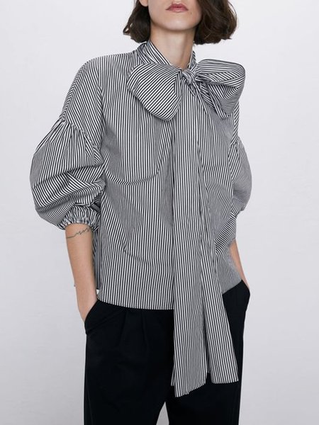 

Simple Bishop Sleeve Long Sleeve Daily Top, Black-white, Tops