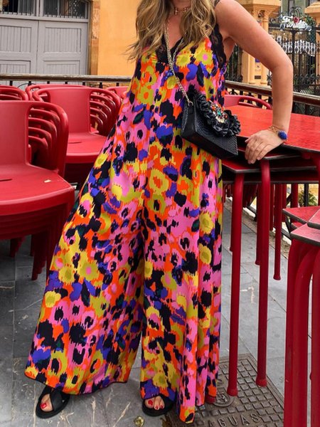 

Floral Vacation V Neck Jumpsuit & Romper, Multicolor, Jumpsuits