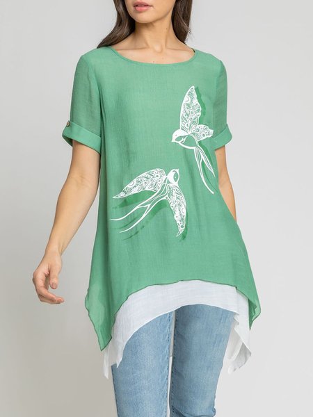 

Animal Casual Loosen Short Sleeve Tops, Mint, Tops