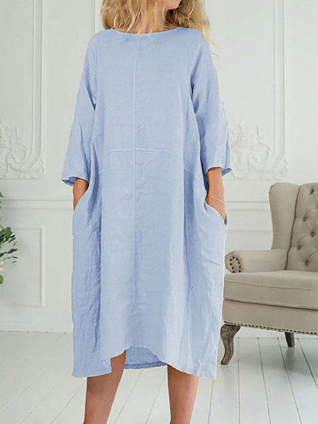 

Round Neck Casual Loosen Long Sleeve Woven Dress, Blue, Midi Dresses
