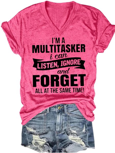 

I'm A Multitasker Funny V Neck Letter Short Sleeve T-Shirt, Pink, T-shirts