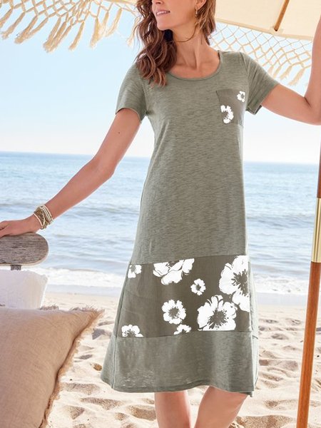 

A-line Floral Loosen Casual Short Sleeve Knit Dress, Multicolor, Dresses