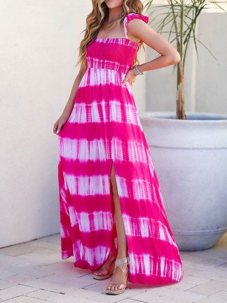 

Tie Dye Vacation Loosen Sleeveless Woven Dress, White-pink, Maxi Dresses