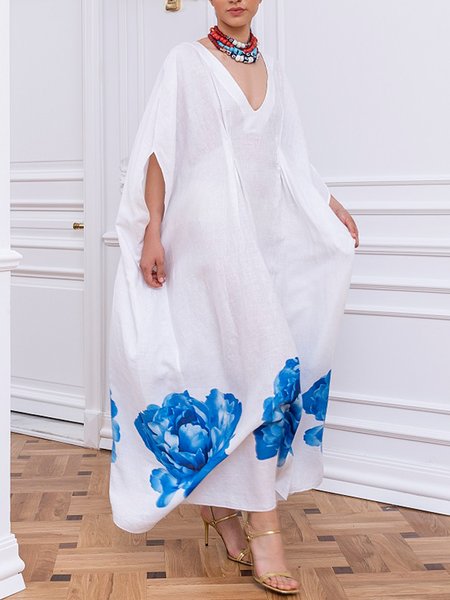 

V Neck Loosen Floral Short Sleeve Woven Dress, White, Maxi Dresses