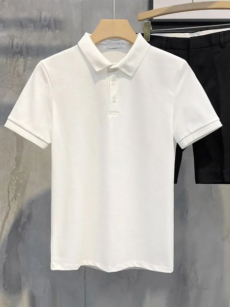 

Plain Polo Cotton Blends Casual Short Sleeve Polo Shirt, White, Polos