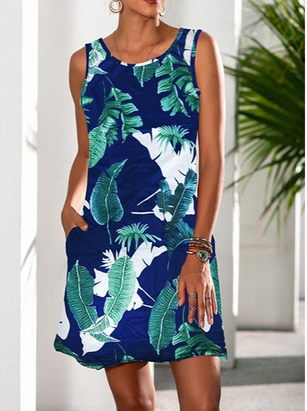

Navy & Green Tropical Pocket Sleeveless Resort Beach Dress Boho Short Sleeve Woven Dress, Dark blue, Floral Dresses