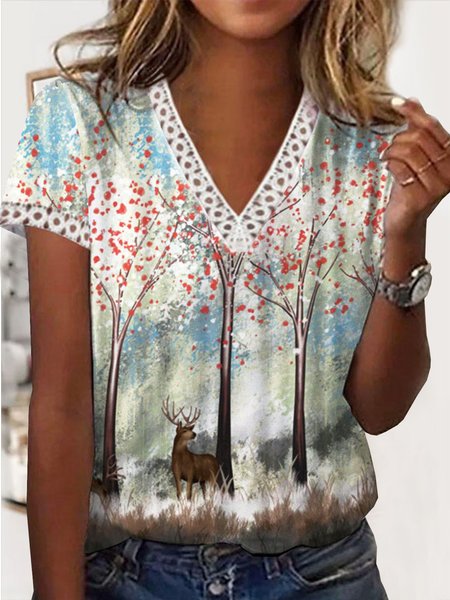 

Vacation Floral Animal Landscape Print Casual Loosen V Neck Short Sleeve T-Shirt, White, T-Shirts