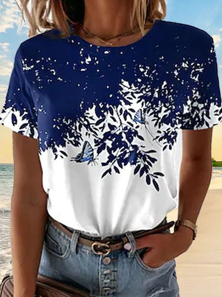 

Crew Neck Loosen Vacation Short Sleeve T-Shirt, Blue, T-Shirts