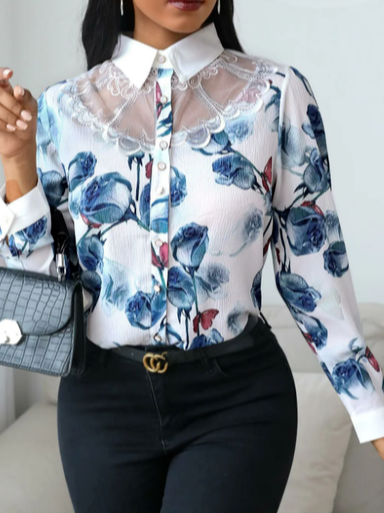 

Loosen Floral Casual Long Sleeve Blouse, Blue, Shirts & Blouses