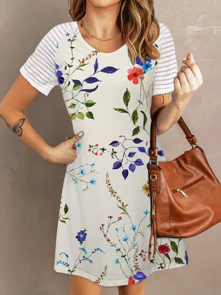 

Loosen Floral Casual Short Sleeve Knit Dress, Apricot, Mini Dresses