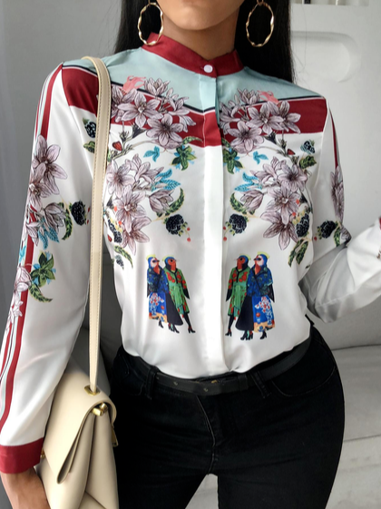 

Stand Collar Loosen Casual Long Sleeve Blouse, White, Shirts & Blouses
