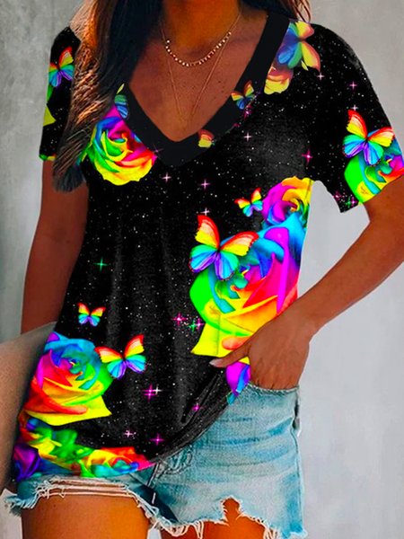 Cotton Blends Casual Short Sleeve T-Shirt, Black, T-Shirts