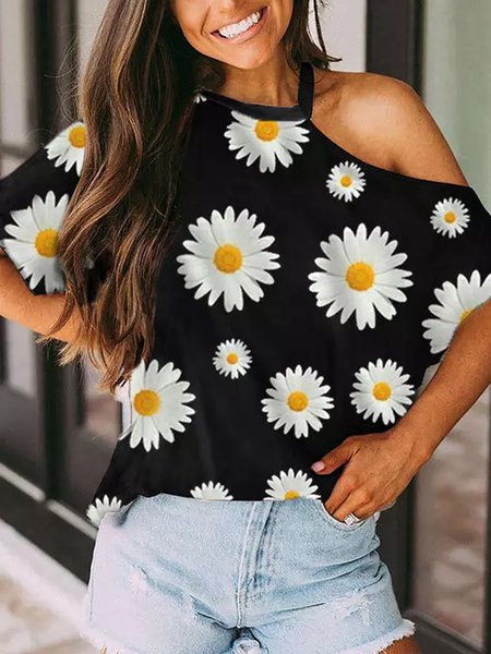 

Vacation Off The Shoulder Floral Short Sleeve T-Shirt, Black, T-Shirts