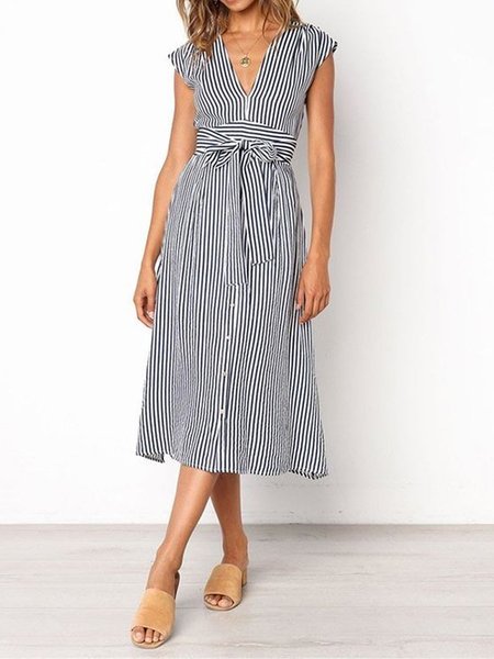

Striped V Neck Simple Short Sleeve Woven Dress With Belt, Dark blue, Midi Dresses
