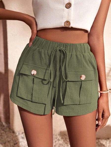 

Patch Pocket Loosen Cotton Solid Shorts, Army green, Shorts